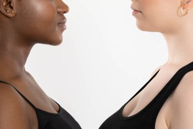 Two teenage faces looking very closely at each other. One girl is black and the other is a girl with a very fair complexion. clipart