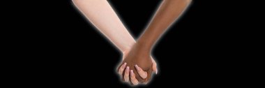 Yürekten sarılan iki el ve çevrelerinde parlayan bir parıltı. El sıkışalım. El ele tutuşan iki kadın. Sevgi dolu bir kucaklaşmada farklı ırktan iki el. Afrikalı ve Avrupalı. Panoramik çerçeve.