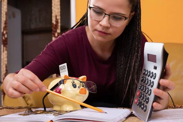 The smartest couple in the field of home finance, a young adult and her porcelain piggy bank. Free time devoted to learning about running a household budget.