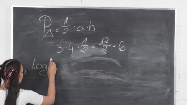 Adolescent craie une équation de mathématiques sur un tableau noir de l'école gris foncé. Ses cheveux sont épinglés avec un ruban rose en deux queues de cheval. — Video