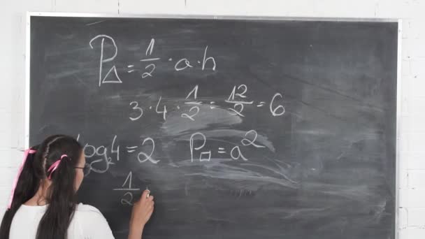 Nastolatek pisze równanie matematyczne na tablicy z ciemnoszarej szkoły. Jej włosy są przypięte różową wstążką w dwóch kucykach.. — Wideo stockowe