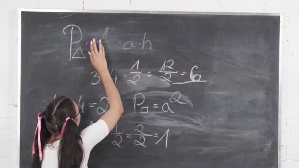Nastolatek pisze równanie matematyczne na tablicy z ciemnoszarej szkoły. Jej włosy są przypięte różową wstążką w dwóch kucykach.. — Wideo stockowe