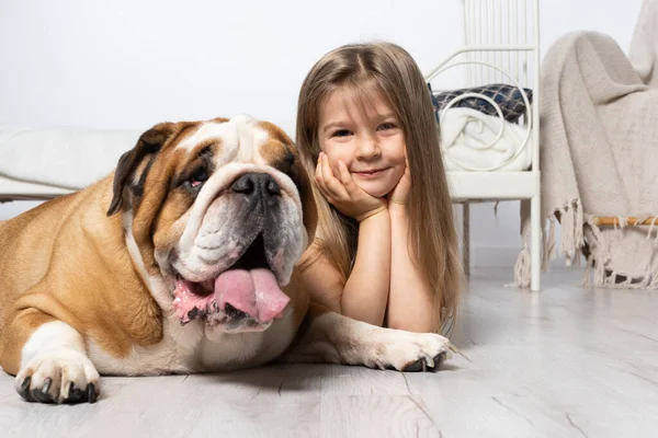 Two dreamy friends, a child and a dog, lie together in the room on the floor next to the bed and are swinging in the clouds. The English Bulldog is a purebred dog with a pedigree. — Φωτογραφία Αρχείου