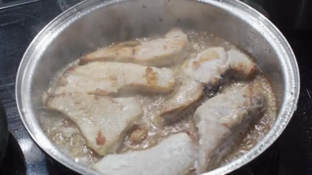 À la maison, le poisson de mer est frit à l'huile sur une cuisinière à induction. Les morceaux épais de morue coupée dans la casserole chauffent. Cuisine maison. — Video