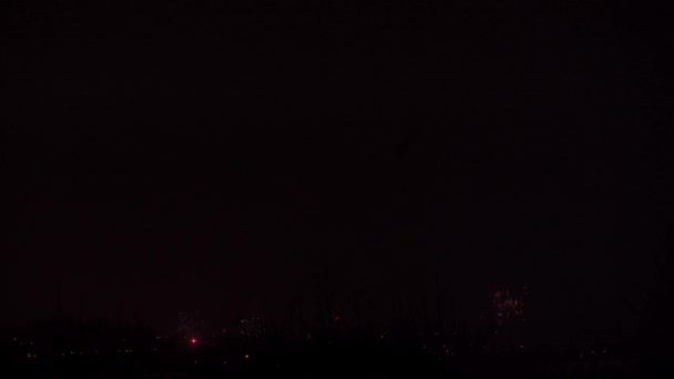 Fireworks above the panorama of Lublin on the day of celebrating the new year. Periodically bright lights from flares and other fireworks flash against a dark background. Celebration and a grand — Stock Video