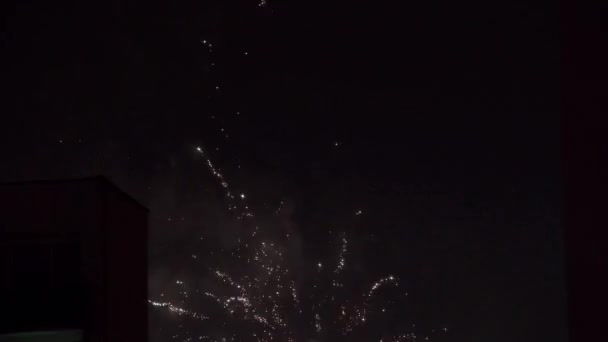 A narrow frame with the outlines of skyscrapers during the celebration of the coming of the new year. Periodically bright lights from flares and other fireworks flash against a dark background — Stock Video