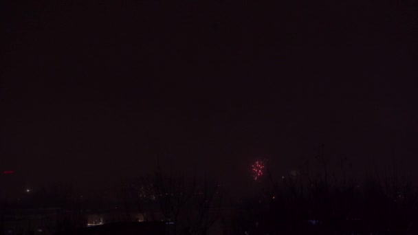 Vuurwerk boven het panorama van Lublin op de dag van het nieuwe jaar. Periodiek fel licht van fakkels en ander vuurwerk flitsen tegen een donkere achtergrond. Viering en een grand — Stockvideo