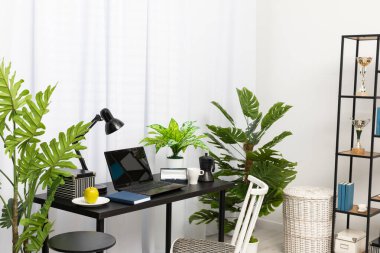 Evde, oturma odasında uzaktan çalışırken dizüstü bilgisayarı olan bir çalışma istasyonu için ayrı bir yer var. Laptop siyah masanın üzerinde ve hemen yanında bir kahve fincanı var, taze yeşil.