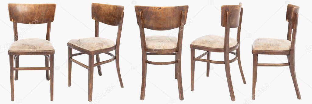 Set of wooden chairs from turn of 70s and 80s from previous century with soft seat. Polish design and production. View from each side
