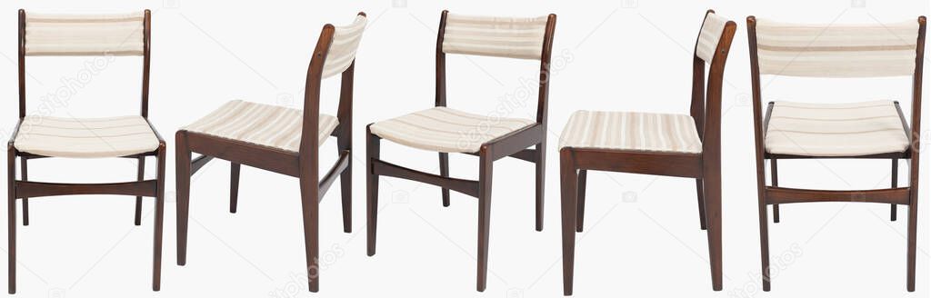 Set of wooden chairs from turn of 70s and 80s from previous century with soft seat and back. Polish design and production. View from each side