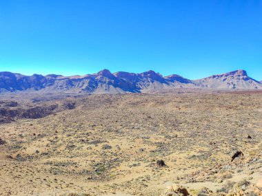 A breathtaking desert view displays rugged mountain ranges, all set beneath a stunningly clear blue sky above