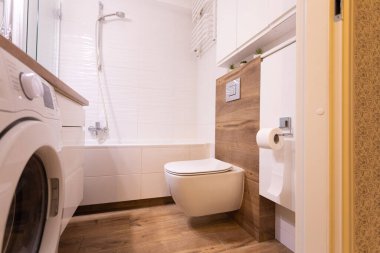 Bu şık ve modern bir banyo. Şık bir duş, bir tuvalet ve özel bir çamaşır odası var.