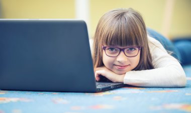 Young of beautiful pre-teen girl with tablet laptop pc. Education technology for teenagers - adolescents children