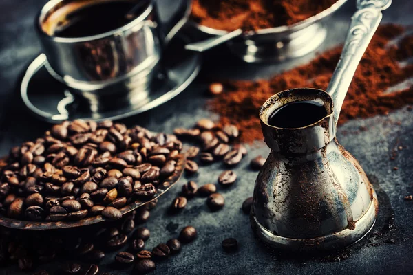 Coffee. Turkish coffee. Armenian Turkish coffee. Cezve and cup of coffee. Traditional serving coffee