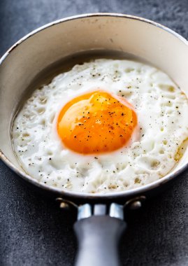Yumurta. Kızarmış yumurta. Tavuk yumurtası. Bir kızartma tavasında kızarmış yumurta görünümü yakın. Tuzlu ve baharatlı kızarmış yumurta