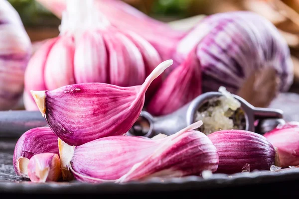 Garlic. Fresh garlic. Red garlic. Garlic press. Violet garlic.Garlic background. garlic bulbs