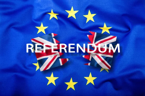 Brexit。Brexit 是。Brexit 号联合王国和欧洲联盟的标志。英国国旗和欧盟旗帜。英国的国旗。外星的标志。英国出现在欧洲联盟 — 图库照片