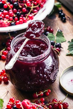 Kırmızı ve siyah kuş üzümü. taze berry ile kırmızı kuş üzümü reçeli