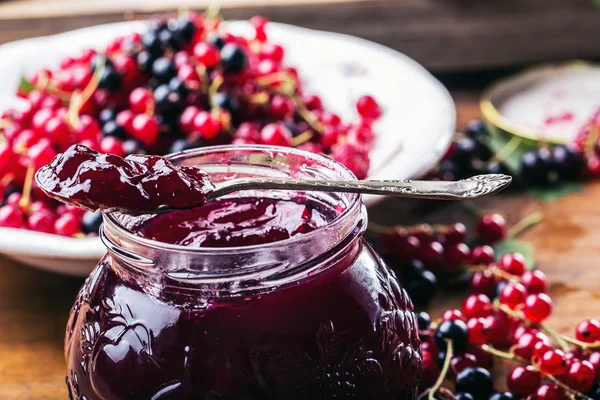 Kırmızı ve siyah kuş üzümü. taze berry ile kırmızı kuş üzümü reçeli — Stok fotoğraf