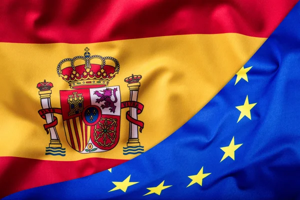 Waving flag of Spain and European Union.Eu Flag Spain Flag — Stock Photo, Image