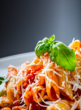 Domates Bolonez Soslu Makarna Penne, Parmesan Peyniri ve Fesleğen Yaprakları. Akdeniz yemekleri. İtalyan mutfağı