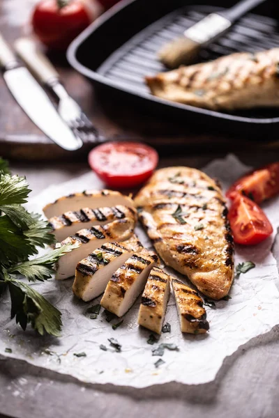 Chicken Breast Slices Grilled Paper Celery Herbs Tomatoes — Stock Photo, Image