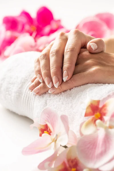 Soft hands skin after a lotion placed on a towel surrounded by flowers.