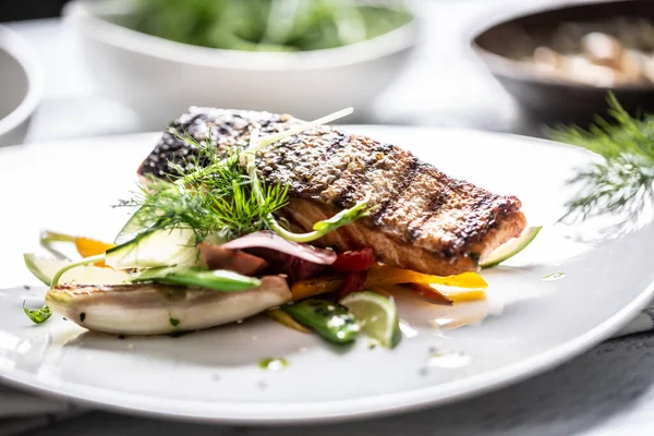 Professionally Plated Grilled Fish Skin Served Grilled Vegtables Lime — Stock Photo, Image