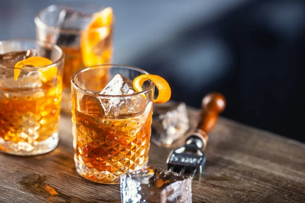 Old Fashioned Rum Drink Ice Orange Zest Garnish — Stock Photo, Image