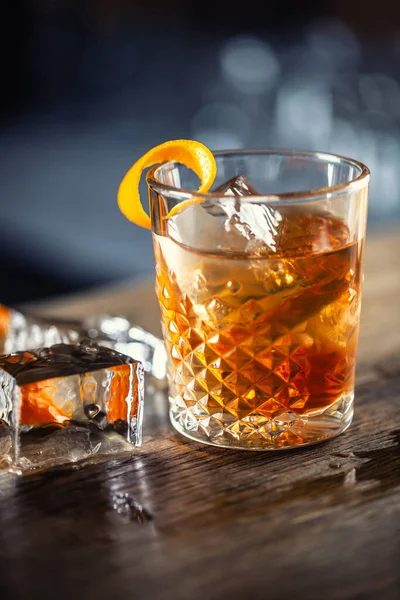 Old Fashioned Rum Drink Ice Orange Zest Garnish — Stock Photo, Image