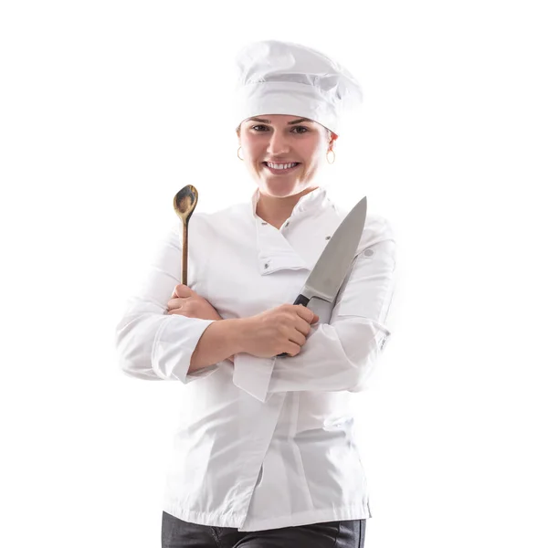 分开的厨师 双手交叉 手里拿着锋利的小刀和木勺 — 图库照片