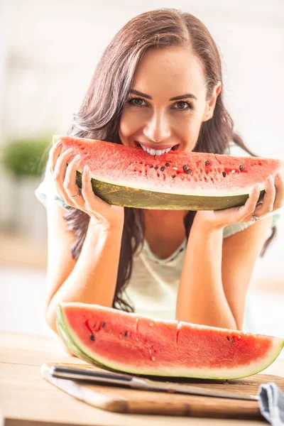 Good Looking Girl Bites Quarter Watermelon Kitchen Smiling — Stock Photo, Image