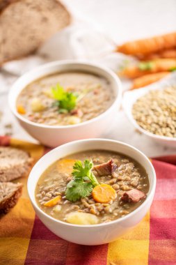 Lentil soup with pieces of smoked pork neck, carrots, potatoes and coriander. Traditional Slovak, Czech or Eastern European food.