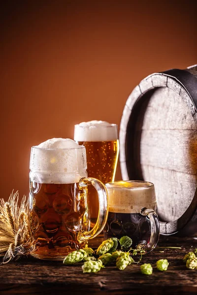 その隣には 大麦とホップの装飾として木製の樽の前に2つの小さなビールの生ビールがいっぱいリットルのガラス — ストック写真