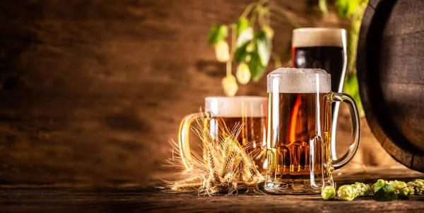 Drei Gläser Bier Vom Fass Vor Einem Holzfass Dekoration Von — Stockfoto