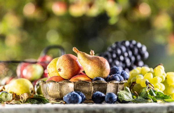 Ωριμάζουν Φρούτα Στο Τραπέζι Στον Κήπο Νωπά Αχλάδια Ένα Χάλκινο — Φωτογραφία Αρχείου