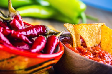 Salsa tortilla cips ve biber peppers.macro kavramı ile