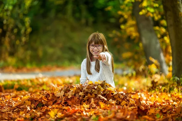 Portrait of a smiling young girl who is holding in her hand a bouquet of autumn maple leaves.Girl sitting on colorful autumn leaves. — Stock Photo, Image
