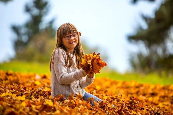 Portrait of a smiling young girl who is holding in her hand a bouquet of autumn maple leaves.Girl sitting on colorful autumn leaves. — Stock Photo, Image