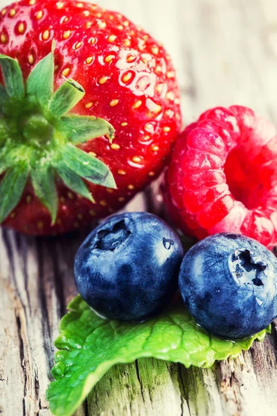 Blueberries, raspberries, strawberries.Garden and forest fruits — Stock Photo, Image