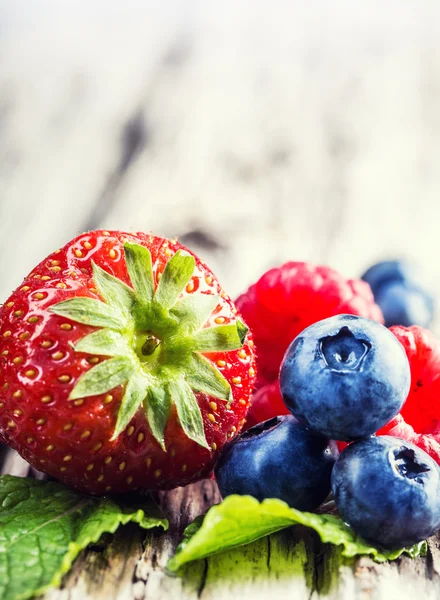 Blåbär, hallon, jordgubbar. Trädgård och skog frukter — Stockfoto