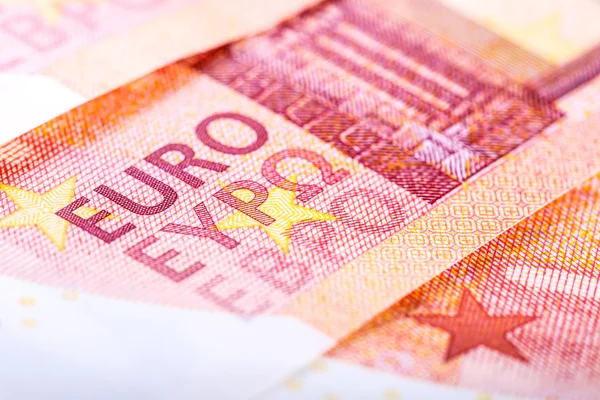 Billetes en euros, texto detallado sobre los diez nuevos billetes en euros . — Foto de Stock