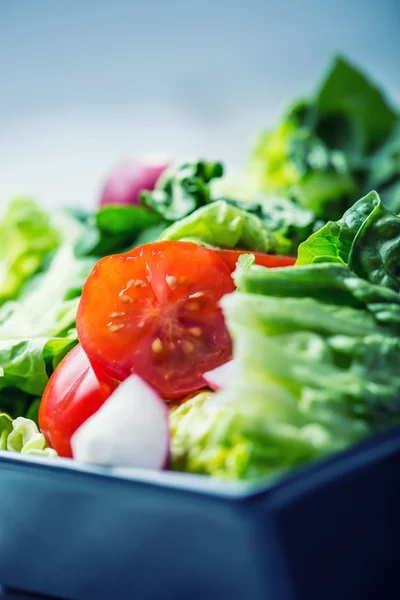 Frischer Salat mit Kirschtomaten Rettich und Karaffe mit Olivenöl auf Holztisch. — Stockfoto