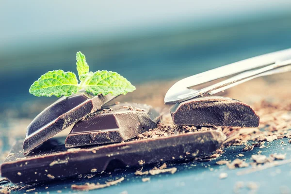 Chocolate. Black chocolate. A few cubes of black chocolate with mint leaves. — Stock Photo, Image