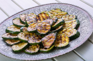 Kabak. Kızarmış kabak. Bir tabak kızarmış kabak dilimleri.