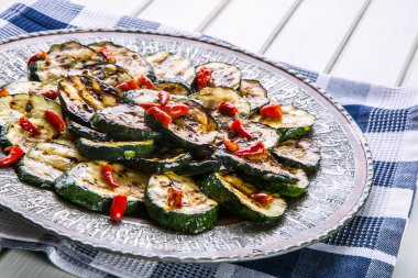 Kabak. Kızarmış kabak. Bir tabak kızarmış kabak dilimleri.