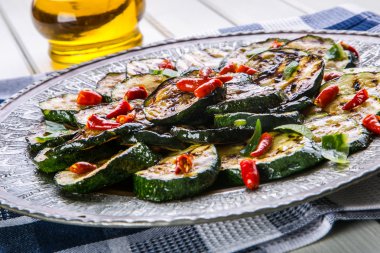 Kabak. Kızarmış kabak. Bir tabak kızarmış kabak dilimleri.