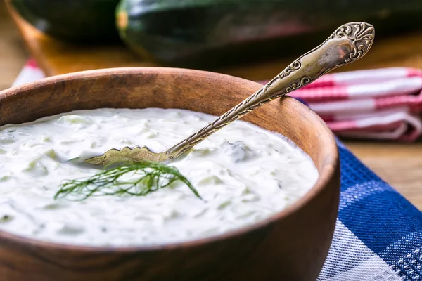 Tzatziki. Griekse salade tzatziki van komkommer, yoghurt of room, olijfolie, knoflook, dille en specerijen. Kruid decoratie van Dille. — Stockfoto