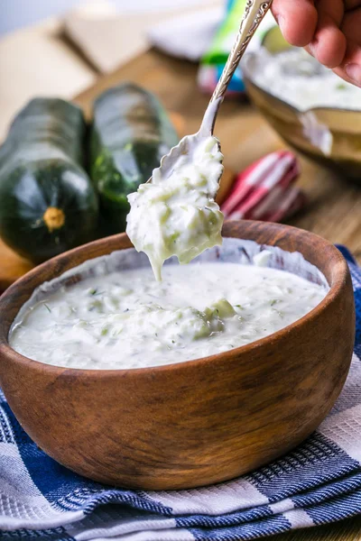 Tzatziki. griechischer Salat Tzatziki aus Gurken, Joghurt oder Sahne, Olivenöl, Knoblauch, Dill und Gewürzen. Kräuterdekoration aus Dill. — Stockfoto