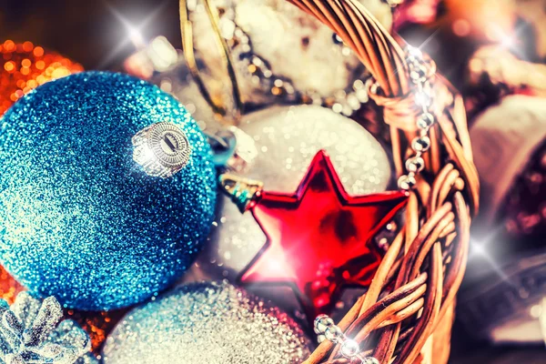 Christmas. Christmas decoration. Christmas balls, stars, jingle bells xmas ornaments. — Stock Photo, Image